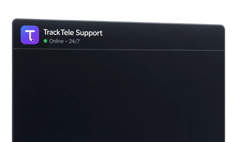 A TrackTele Support chat, online 24/7: a client asks to change a photo and the team replies it's done.